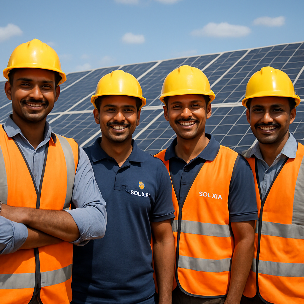 Jain Communications solar installation team standing in front of installed panels